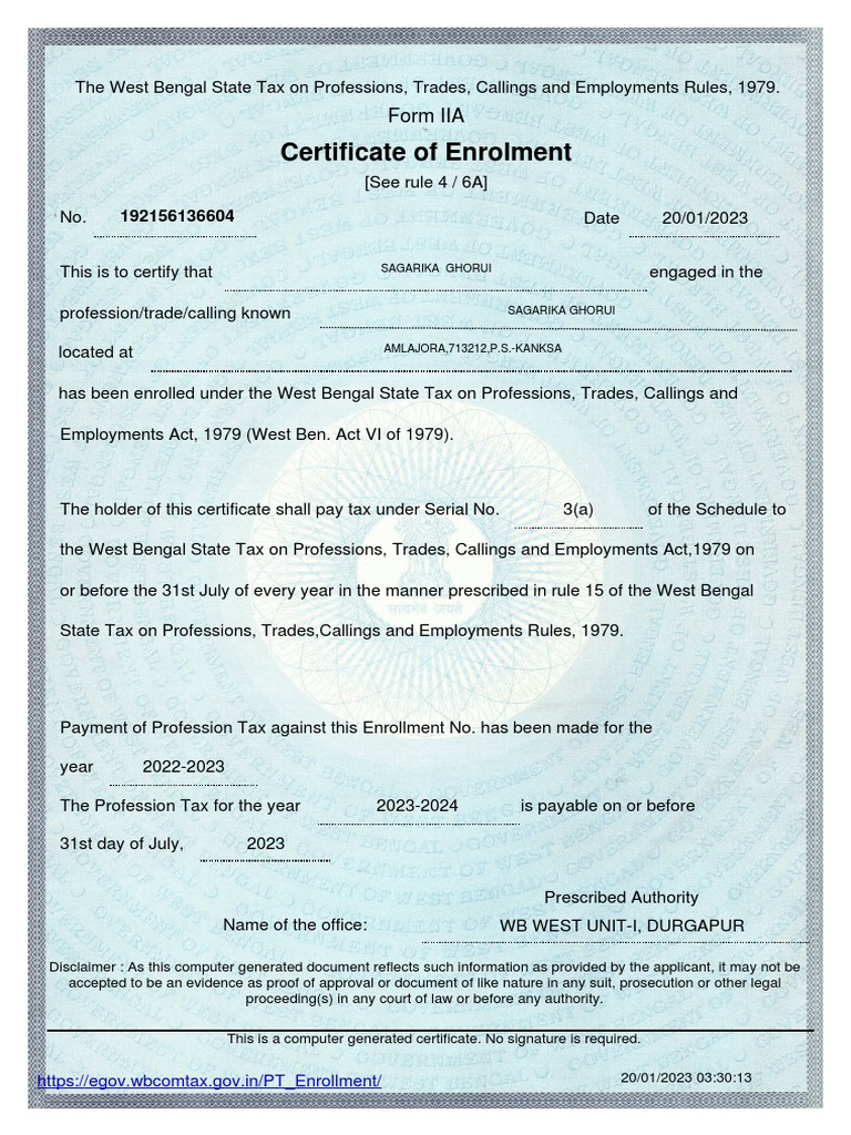 Professional Tax Enrollment Certificate Maharashtra