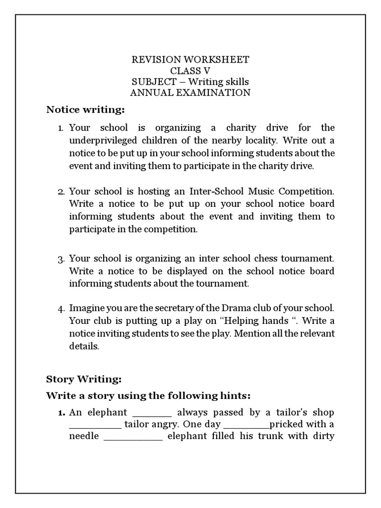 English Class 5 Writing Skills Yearly Exam Pdf