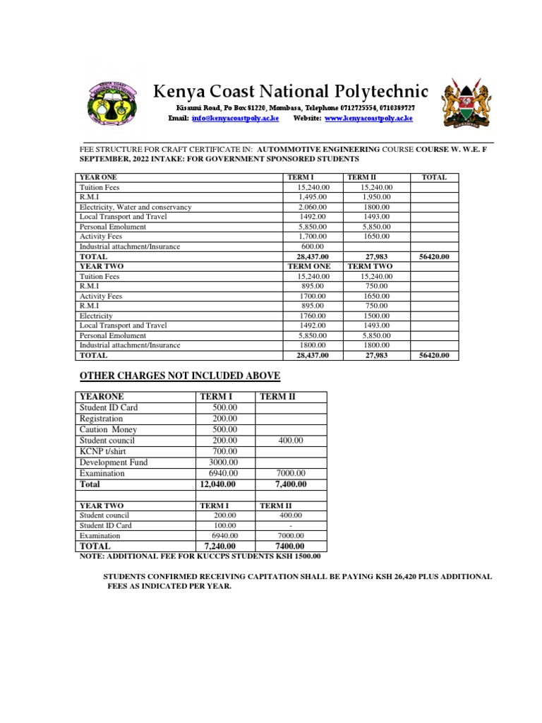 Tvet Fee 2022 Mechanical Engineering Department Fee Structure PDF