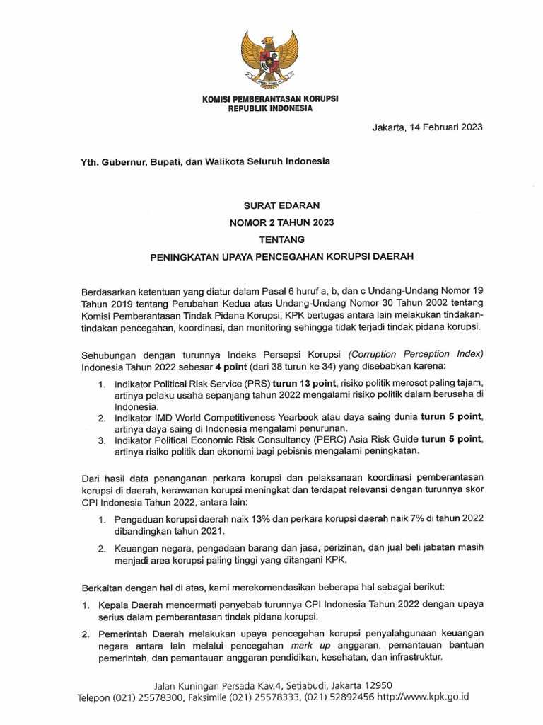 Surat Edaran KPK No 2 Tahun 2023 | PDF