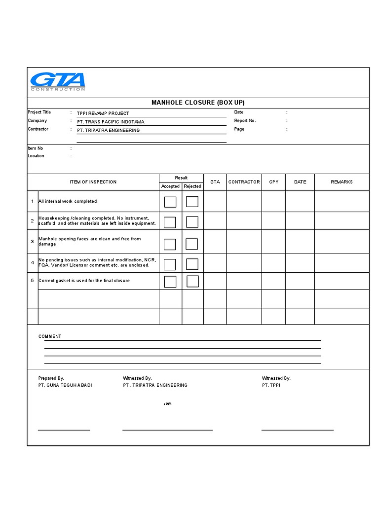 Manhole Closure Inspection Report | PDF | Industrial Processes ...