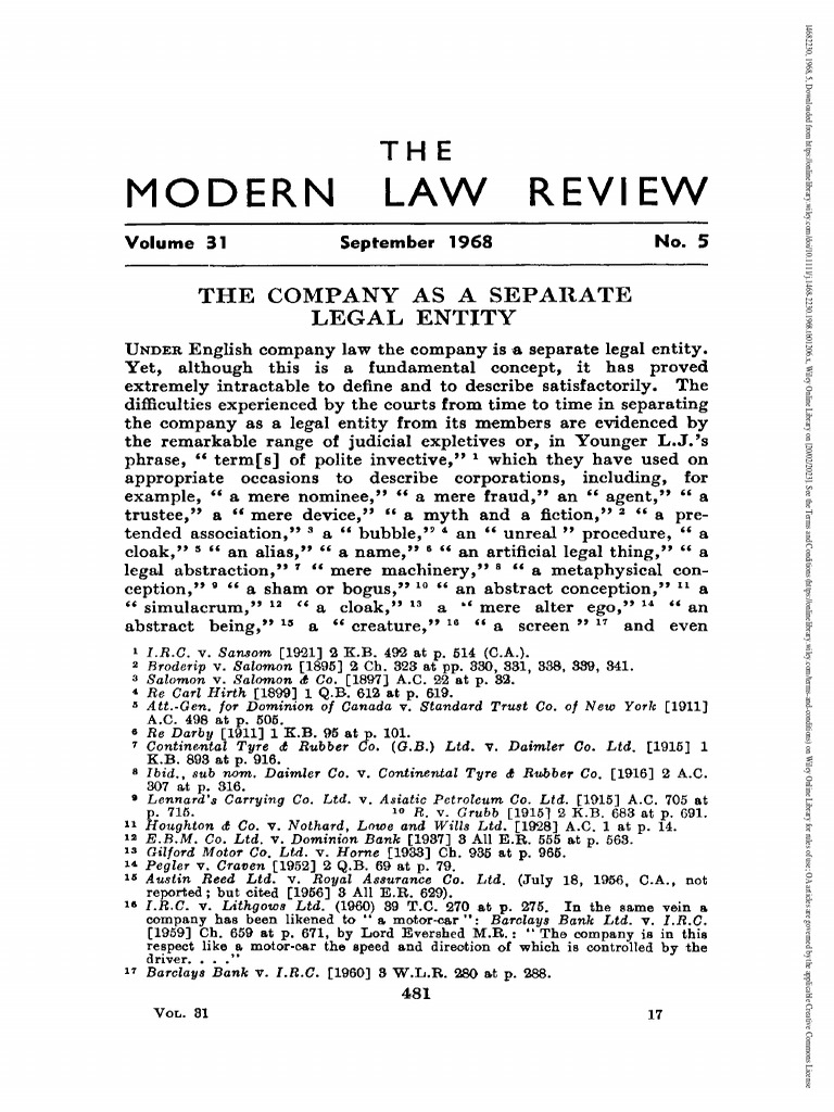 Modern Law Review - September 1968 - Pickering - The Company As A ...