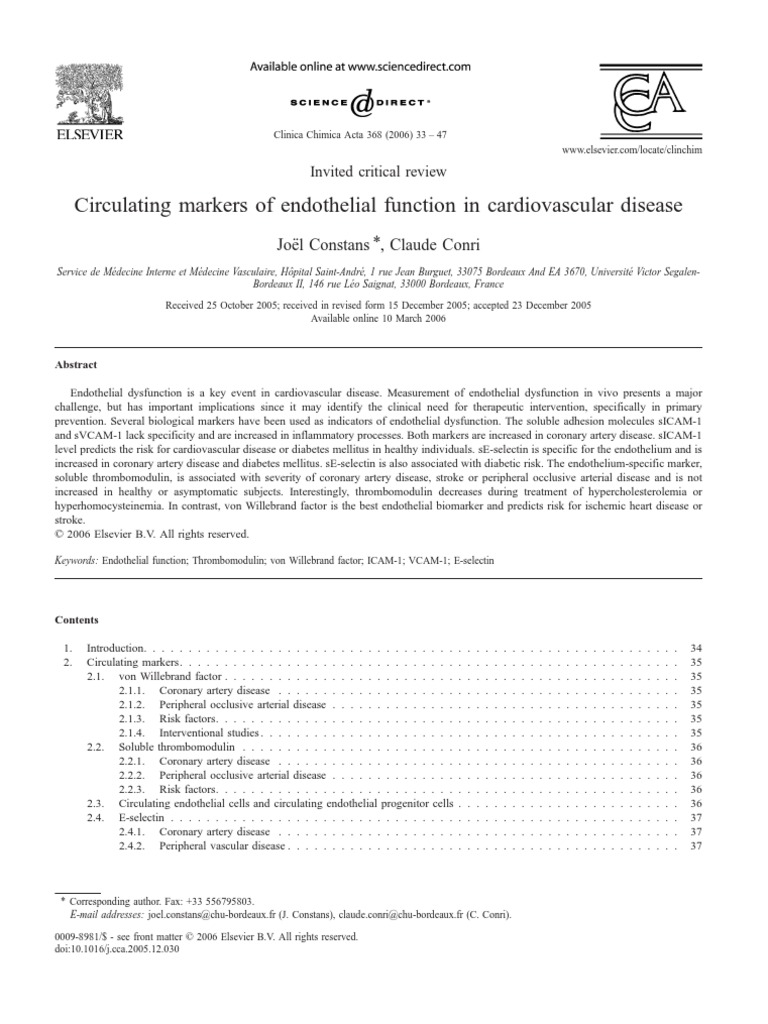 Circulating Markers of Endothelial Function in Cardiovascular Disease | PDF