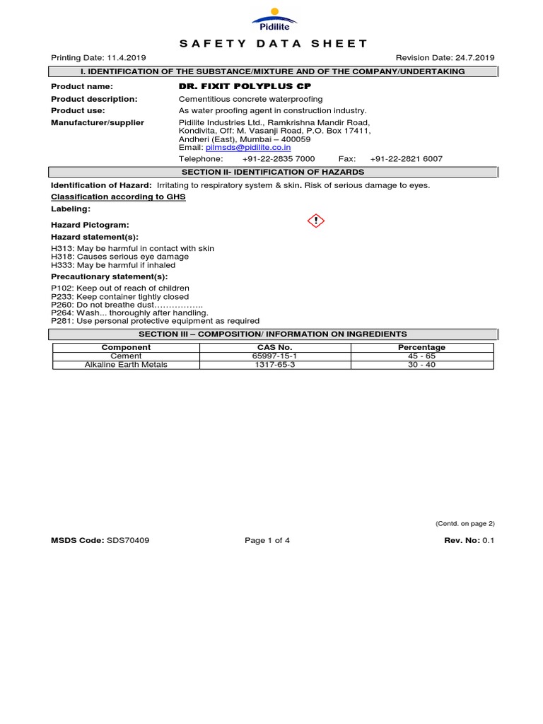 Dr. Fixit Polyplus CP MSDS | PDF | Personal Protective Equipment ...