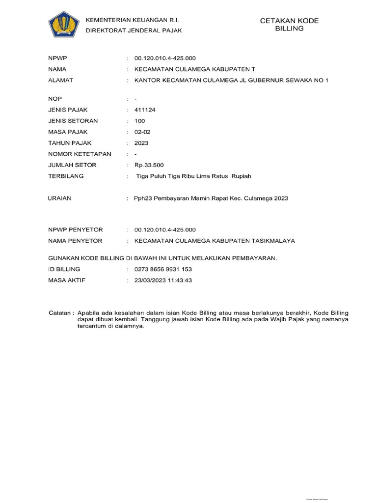 Contoh Kode Billing Pajak Pdf
