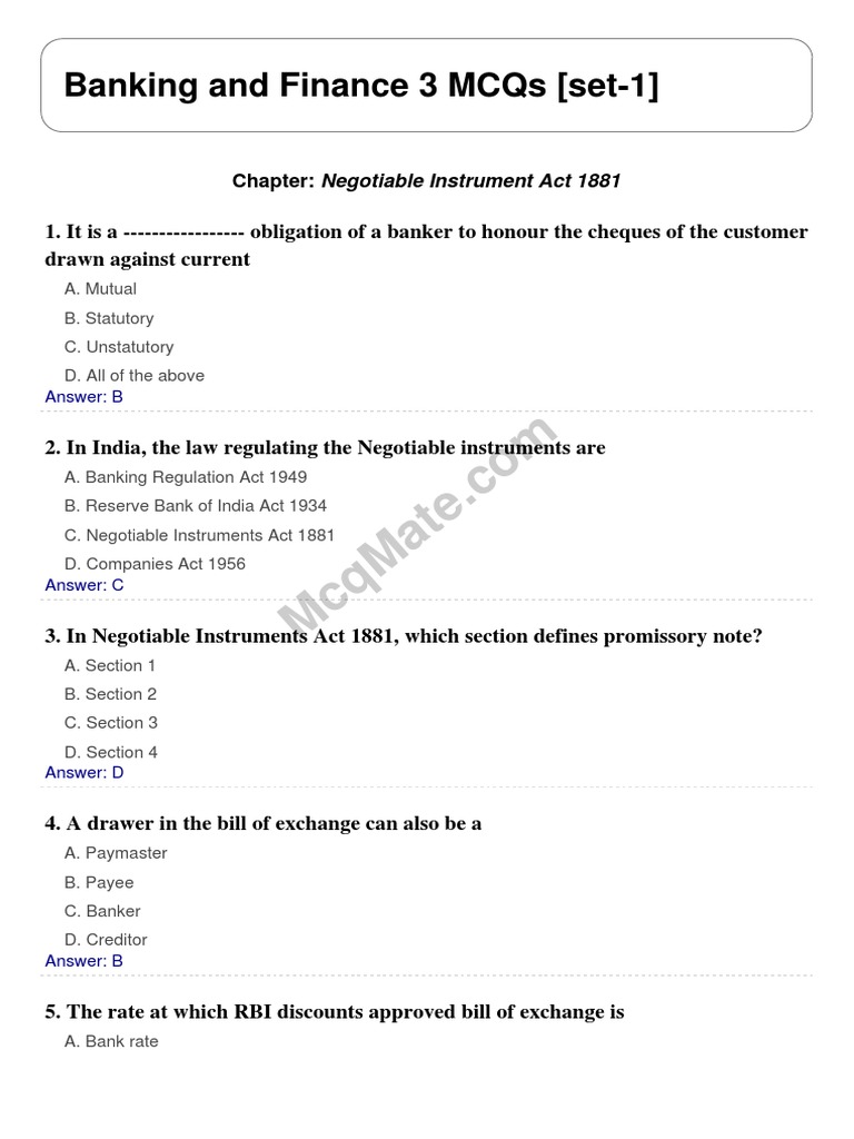 Banking and Finance 3 (Chapter - Negotiable Instrument Act 1881) Solved ...