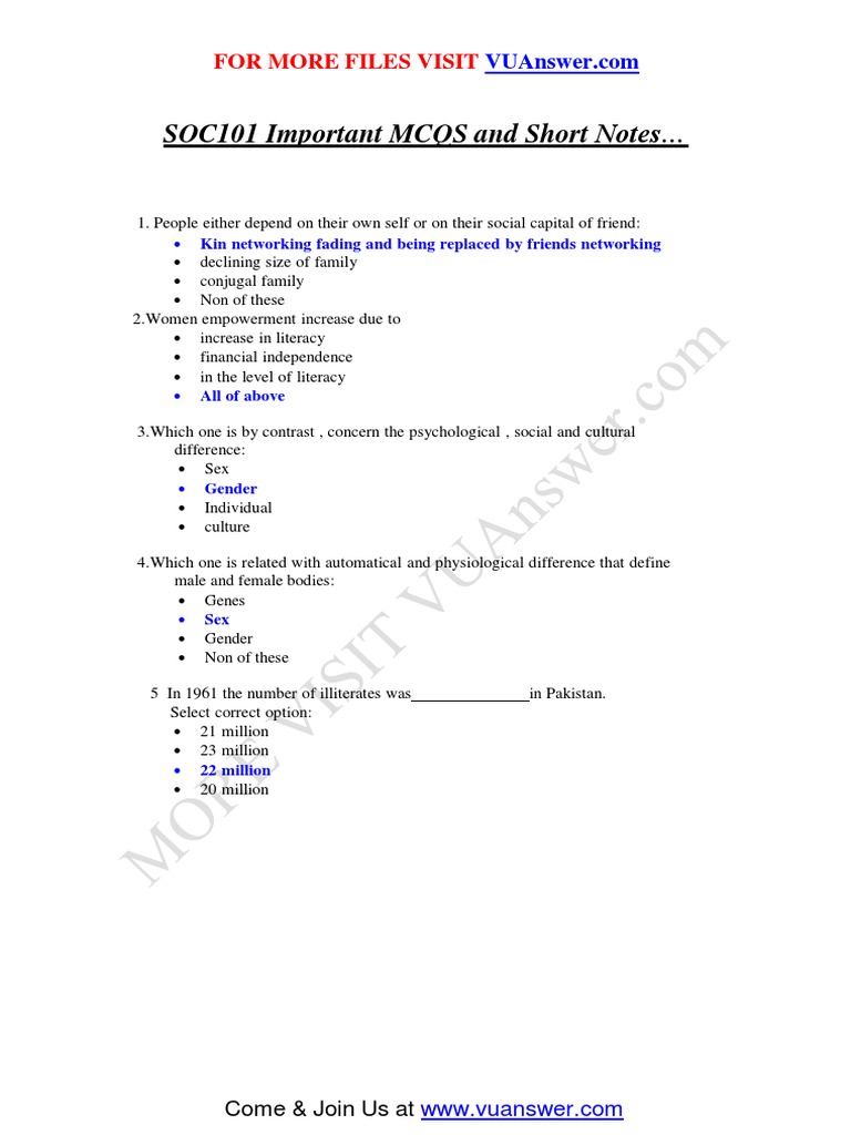 SOC101 Important - Solved - MCQs - Short - Notes | PDF | Sociology ...