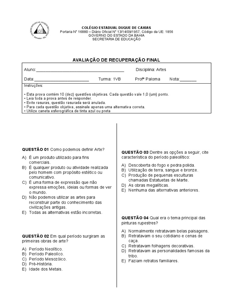 Modelo Prova de Recuperação Artes 1 Ano Ensino Médio | PDF | Neolítico ...