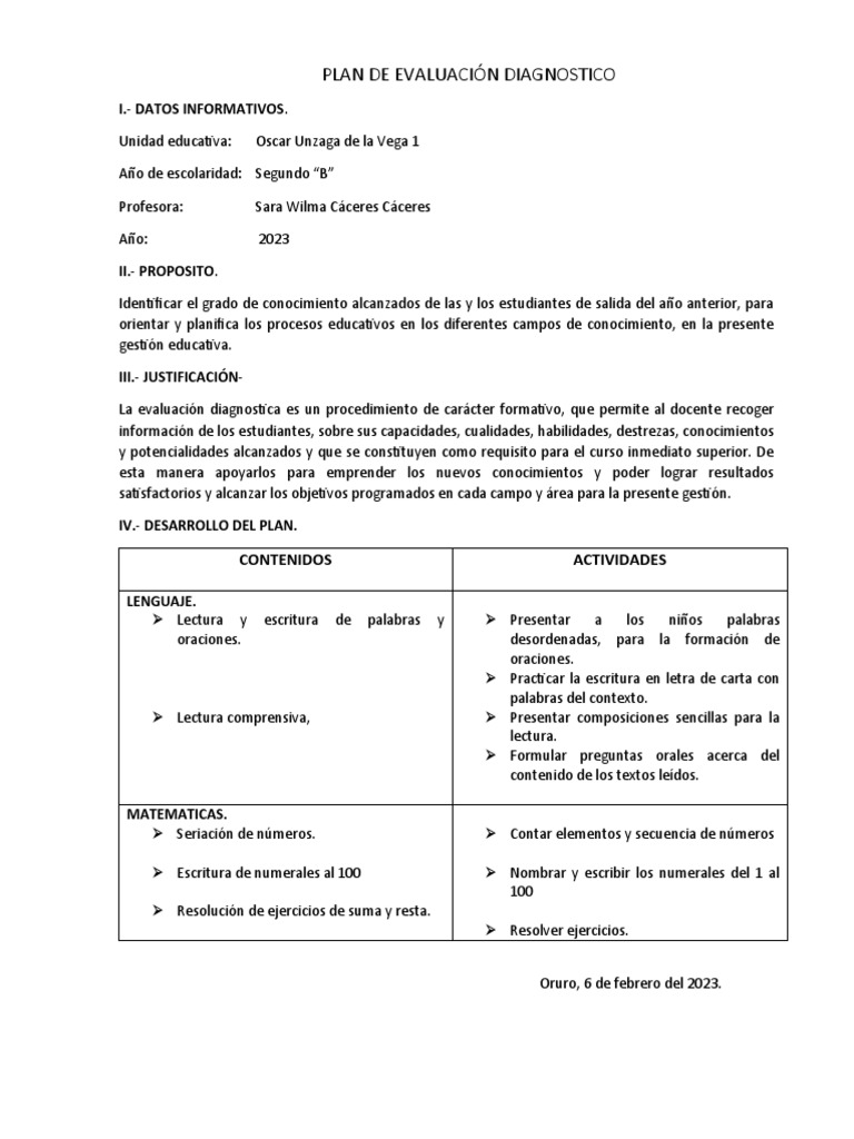 Plan de Evaluación Diagnóstica 2023 | PDF