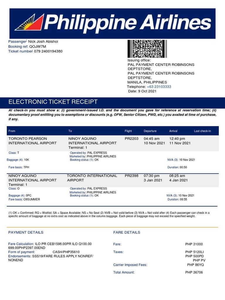 Philippine Plane Ticket Reference: Ph Airlines 2 Pdf