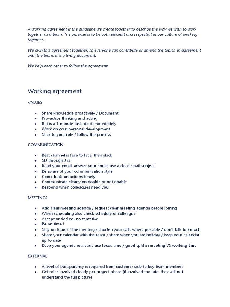 Working Agreement - Example 1 | PDF