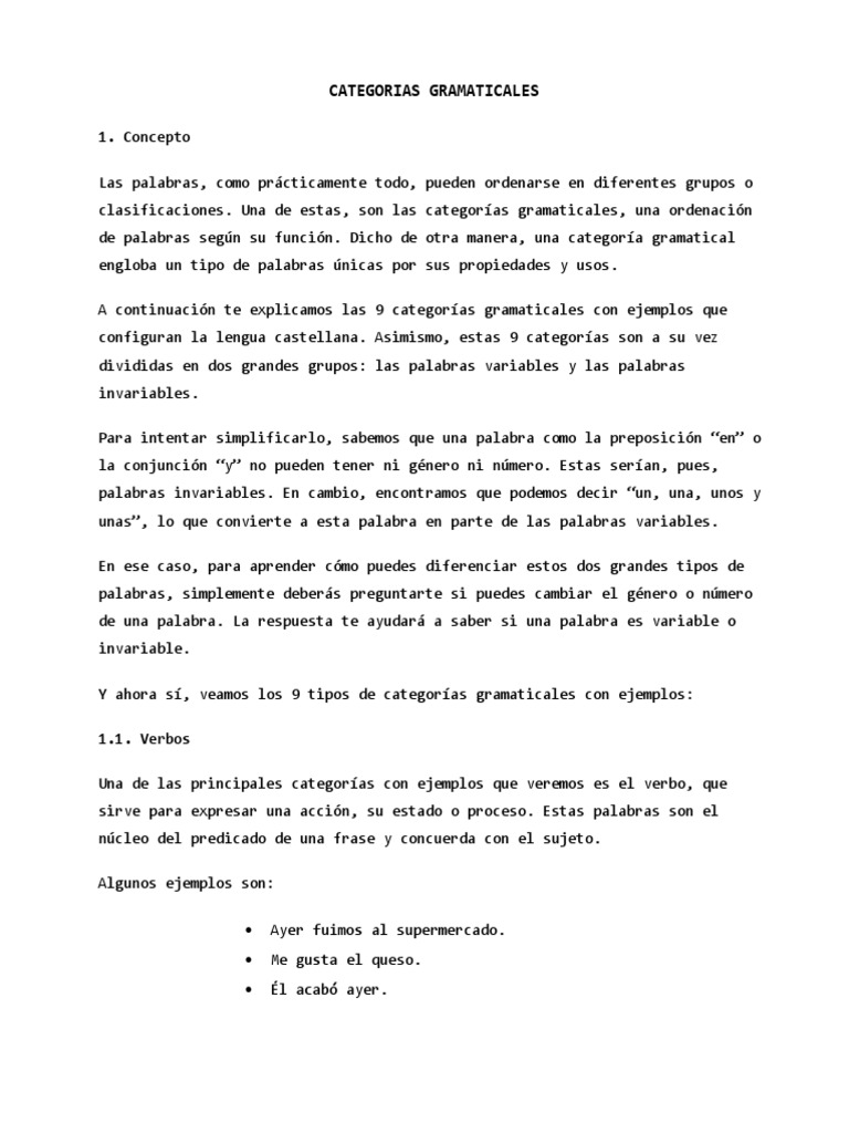 Nueve categorías gramaticales explicadas | PDF | Parte del discurso ...
