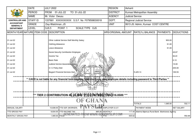 Mr. Victor Owusu's Monthly Pay Statement Detailing Salary, Deductions