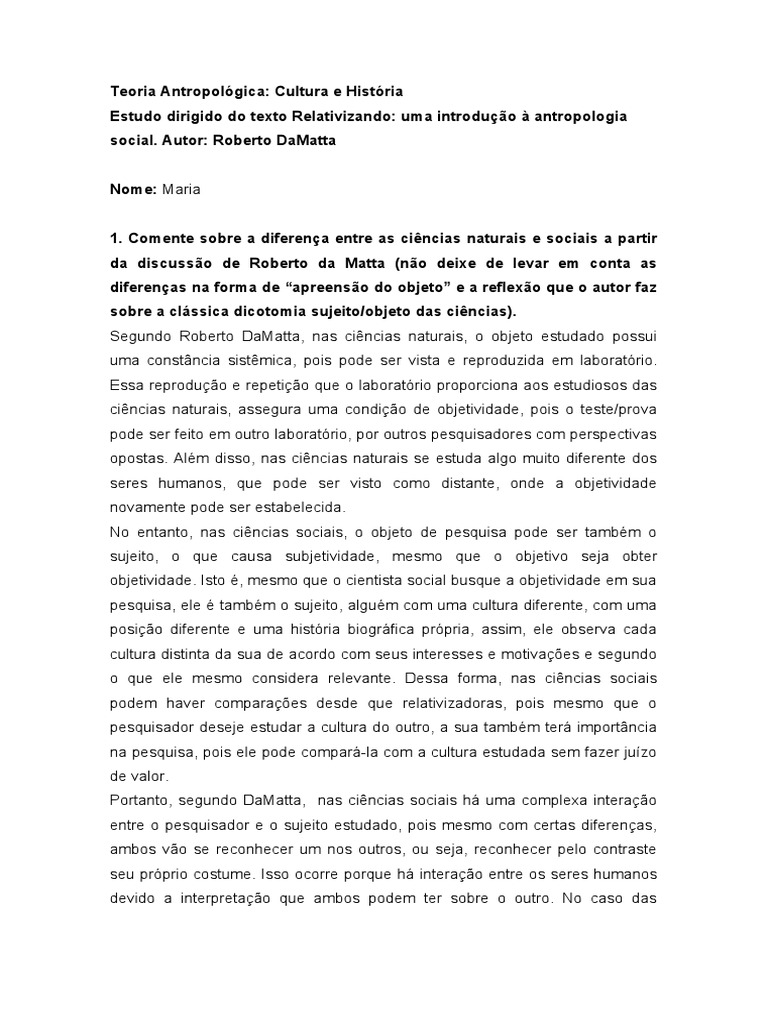 Teoria Antropológica - Estudo Dirigido | PDF | Antropologia | Sociologia