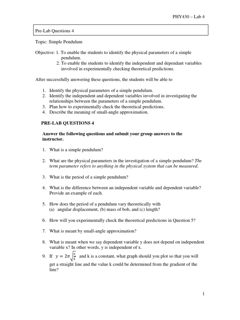 Simple Pendulum Lab Experiment Guide | PDF | Experiment | Pendulum
