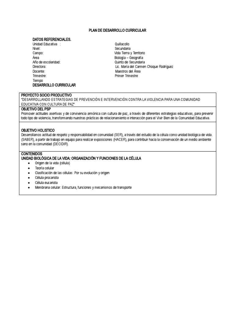 PLAN DE DESARROLLO CURRICULAR 5 de Secundaria | PDF | Biología Celular ...