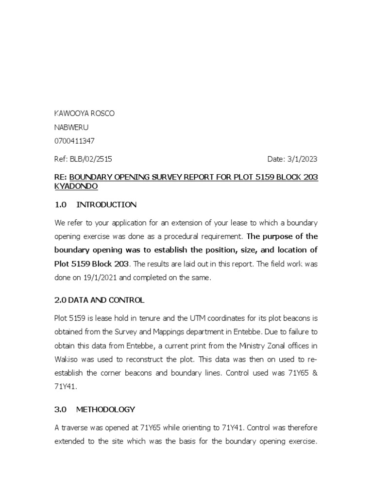Boundary Opening Report For Plot 5159 PDF Surveying Science