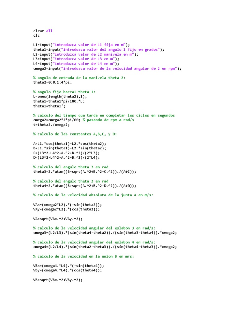 Código MATLAB para Mecanismo Theo Jansen | PDF | Movimiento (física ...
