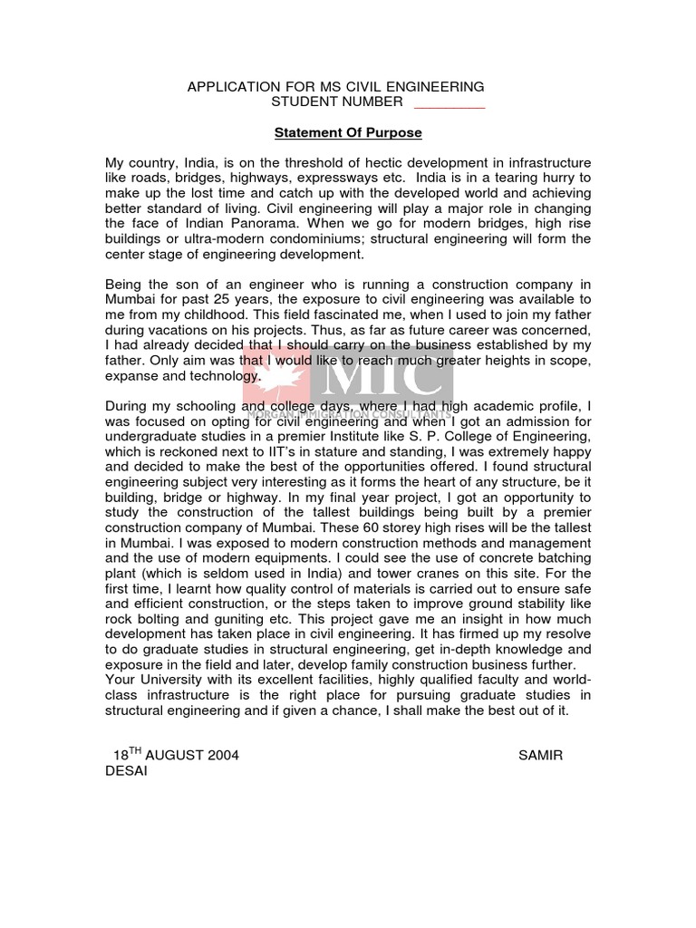 Statement of Purpose For MS Civil Engineering | PDF | Engineering ...