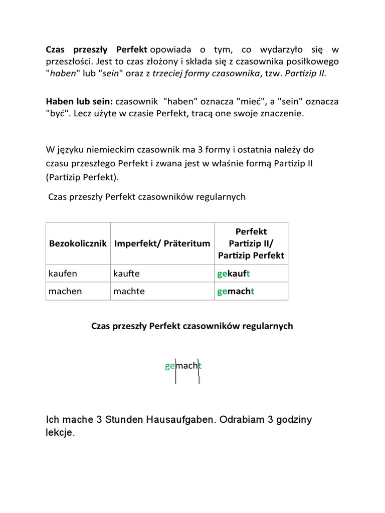 Czas Przeszły Perfekt Niemiecki Test Czas Przeszły Perfekt Czasowników Regularnych - J.niemiecki | PDF