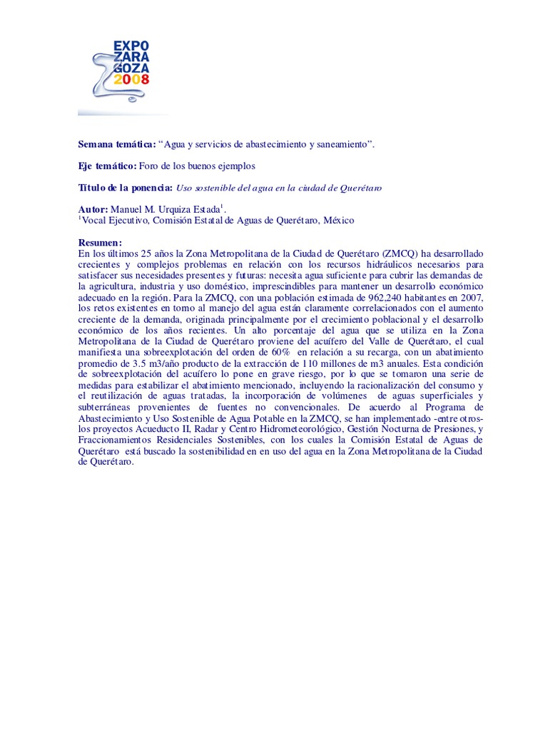 Uso Sostenible Del Agua Queretaro Pdf Agua Sustentabilidad