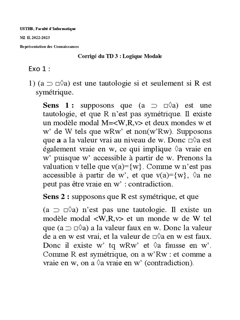 Corrigé TD 3 : Logique Modale | PDF | Théorème | Mathématiques