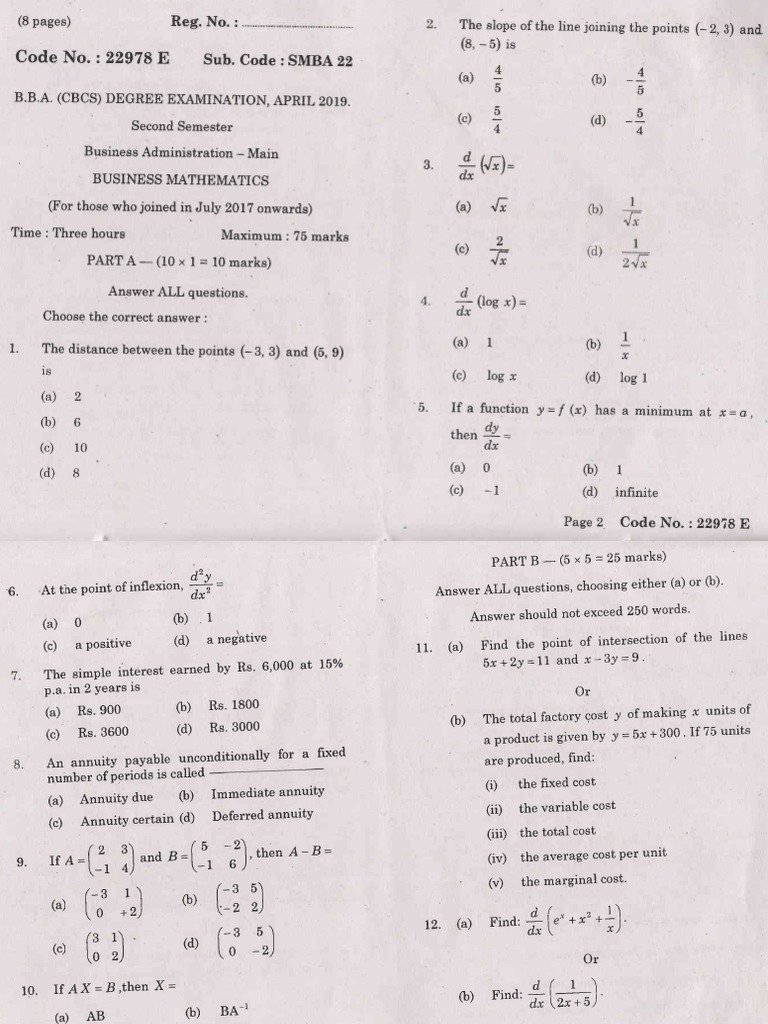 Business Mathematics Question Paper PDF