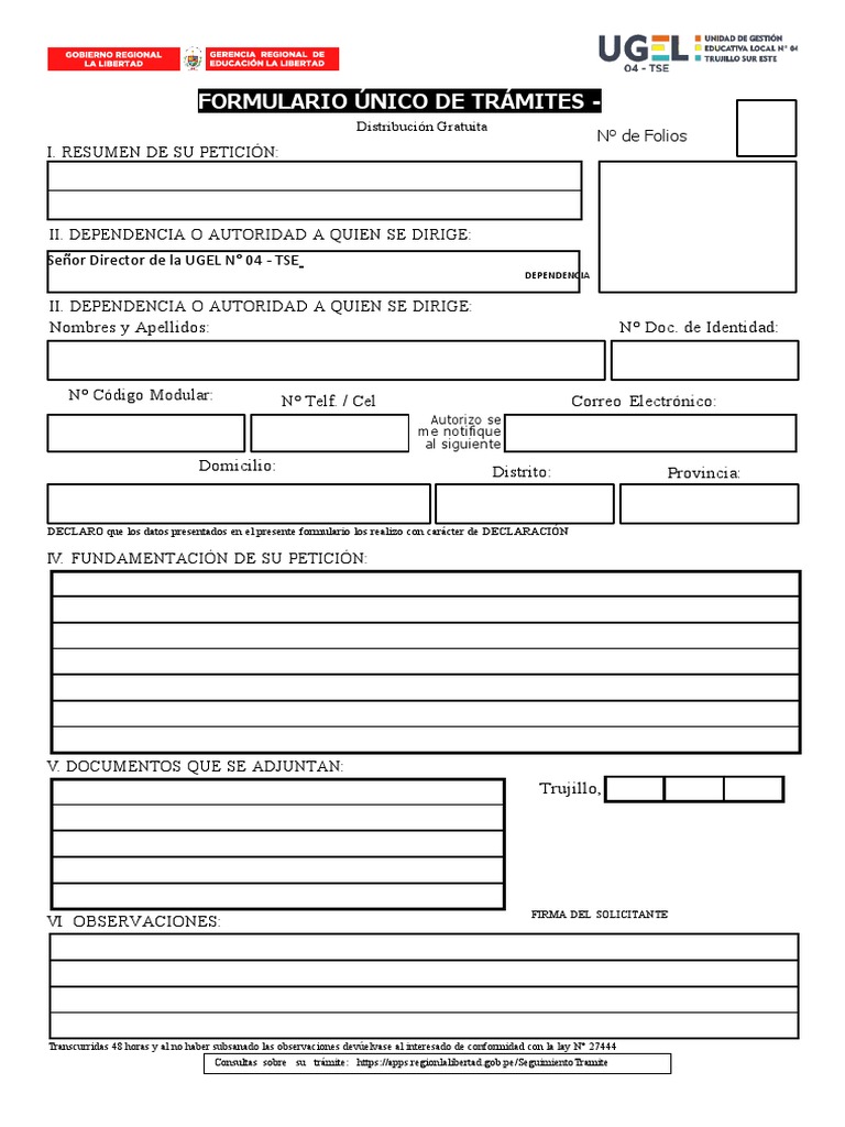 Formulario Único de Trámites UGEL 04 | PDF