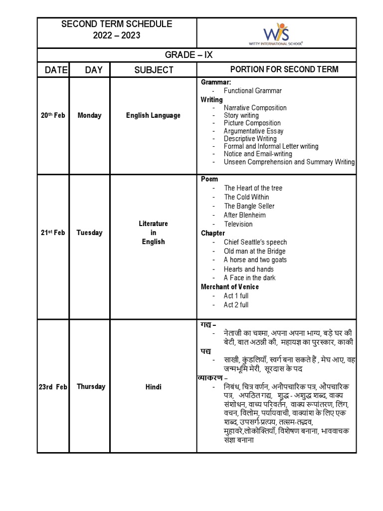 Grade 9 Second Term Schedule Pdf