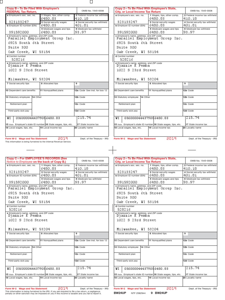 Copy BTo Be Filed With Employee's FEDERAL Tax Return. Copy 2To Be Filed With Employee's State