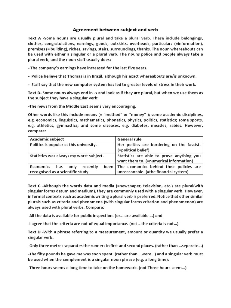 Agreement Between Subject and Verb | PDF | Grammatical Number | Plural