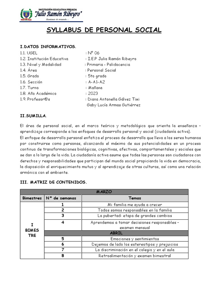 Sílabo de Personal Social 5to Grado | PDF | Perú