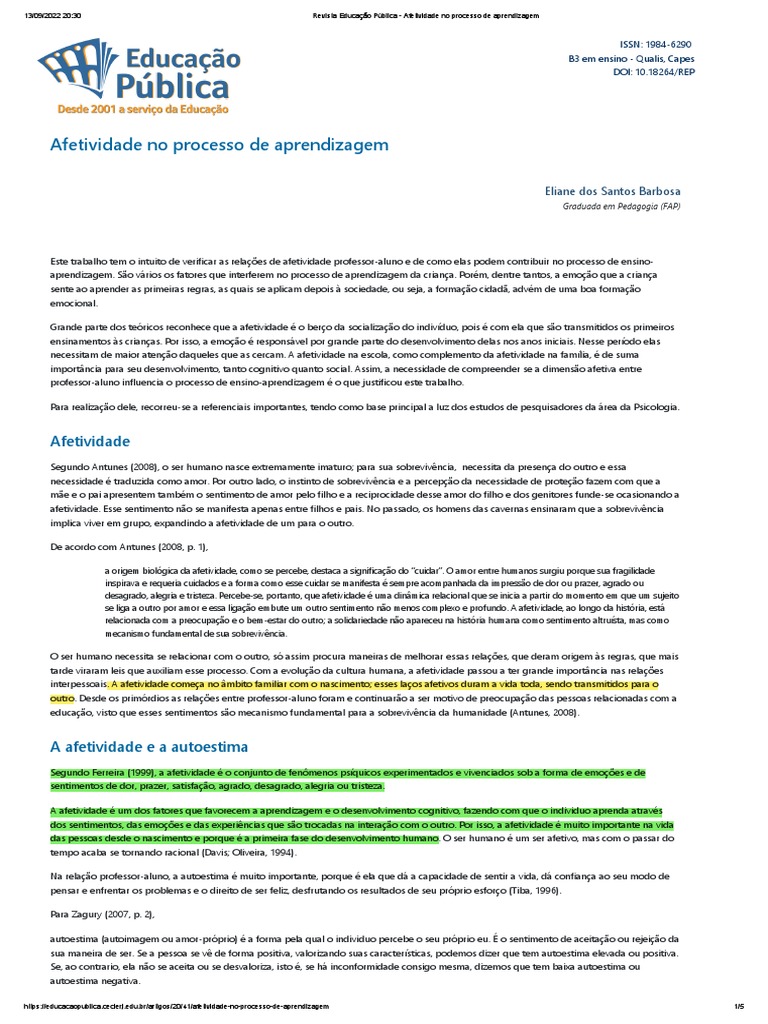 Afetividade e Aprendizagem na Educação | PDF | Aprendizado | Autoestima