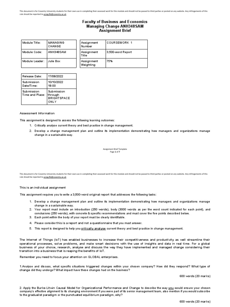 Managing Change CW1 and Marking Scheme - 202260 | PDF | Plagiarism ...