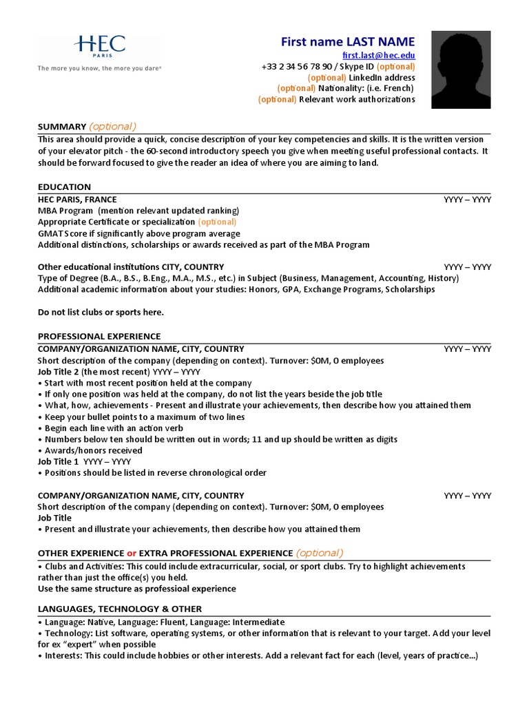HEC Paris MBA CV Template Guide | PDF | Master Of Business ...