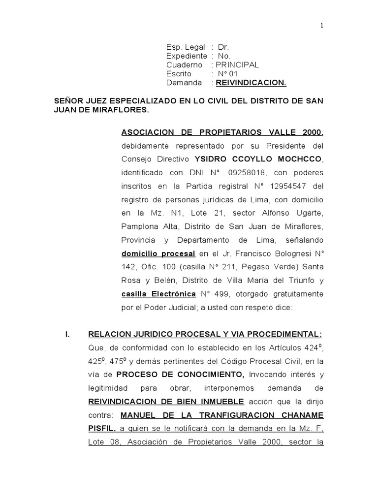 Demanda de Reivindicación de Inmueble | PDF | Demanda judicial | Propiedad