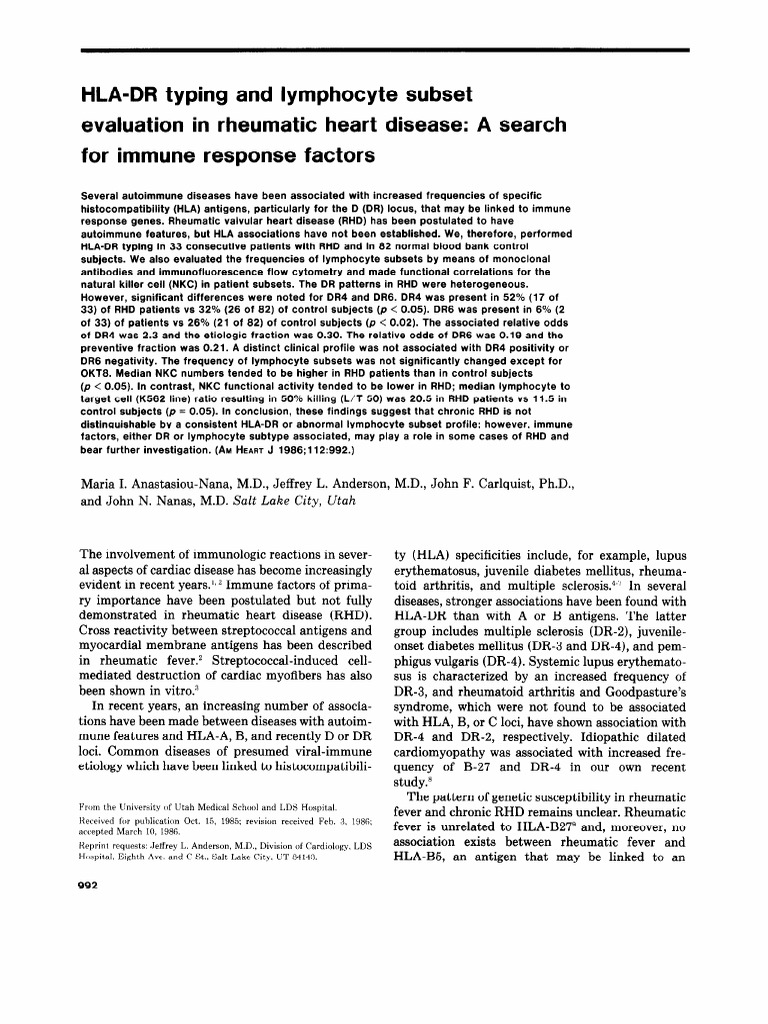 HLADR Typing and Lymphocyte Subset Evaluation in Rheumatic Heart