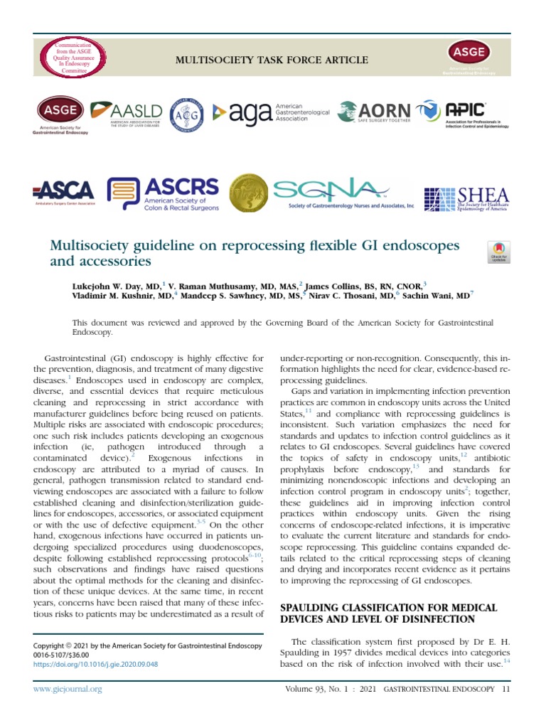 Multisociety Guideline Reprocessing Gi Endoscopes PDF Endoscopy