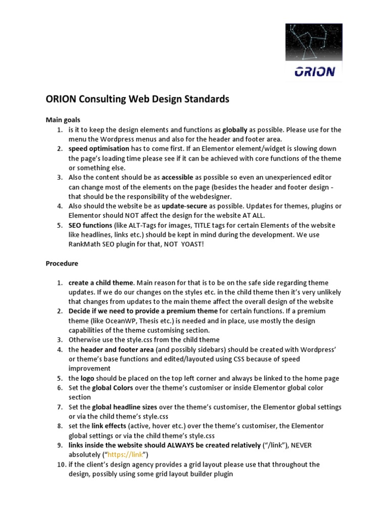 ORION Consulting Web Design Standards | PDF | Word Press | Websites