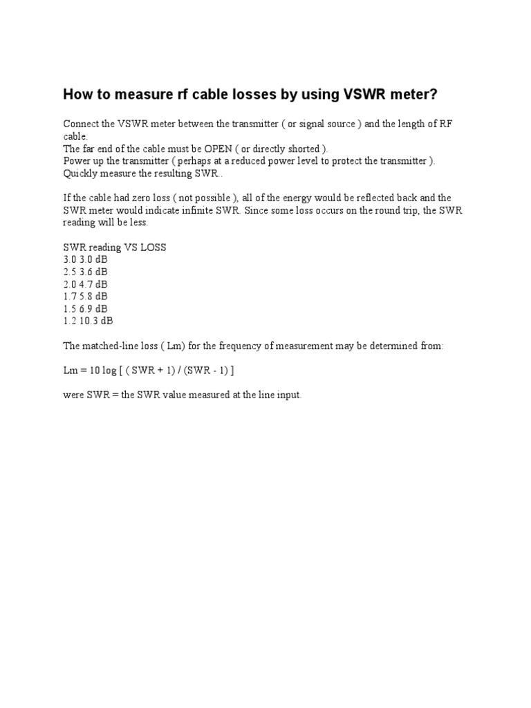 How To Measure RF Cable Losses by Using VSWR Meter | PDF