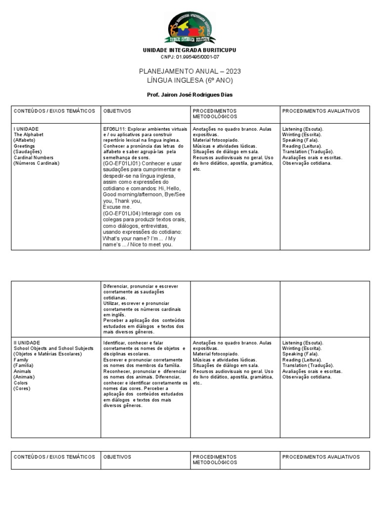 Planejamento Anual de Inglês - 6º Ano | PDF | Tempo | Pronome