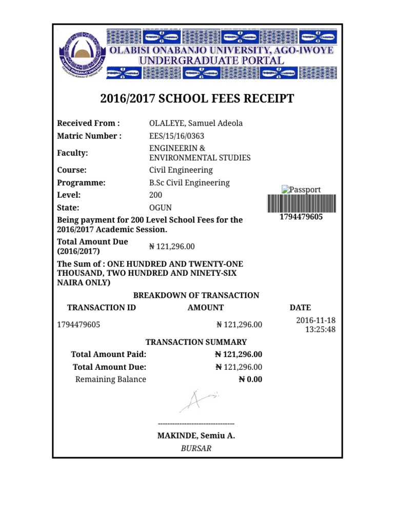 2016 - 2017 School Fees Receipt | PDF