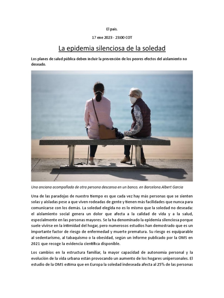 La Epidemia Silenciosa de La Soledad: El País. 17 Ene 2023 - 23:00 COT ...