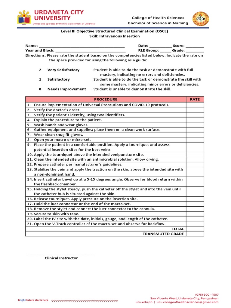 Nursing OSCE: IV Insertion Evaluation | PDF | Intravenous Therapy ...