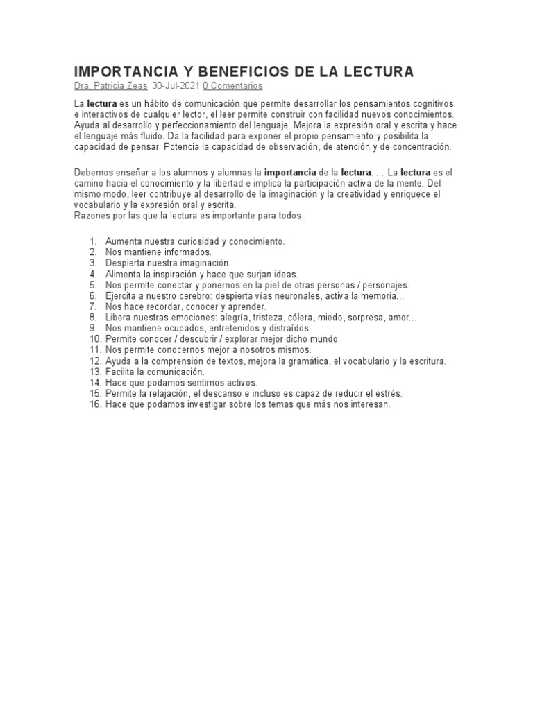 Importancia y Beneficios de La Lectura | PDF