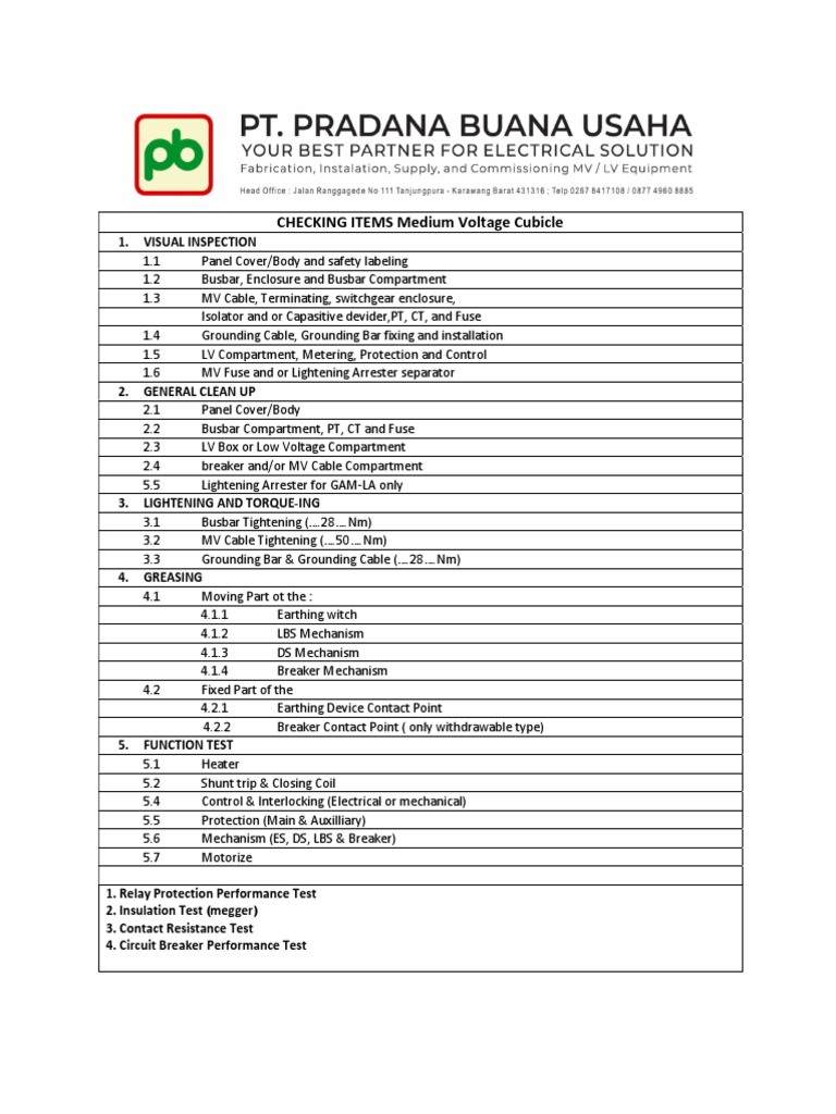 Check Item MV Cubicle & Specimen Test | PDF