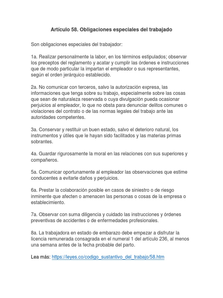 Obligaciones del Trabajador según Art. 58 CST | PDF | Crecimiento ...