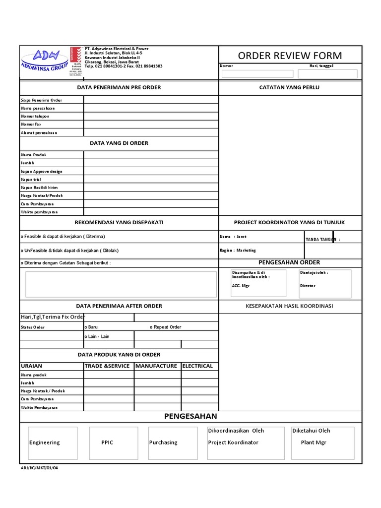 Formulir Tinjauan Pesanan MKT | PDF