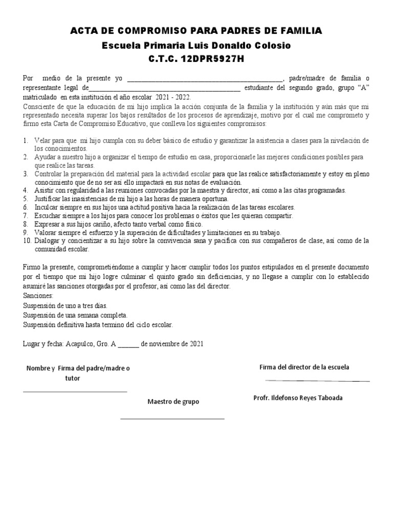 Compromiso Escolar para Padres de Familia | PDF | Educación primaria ...