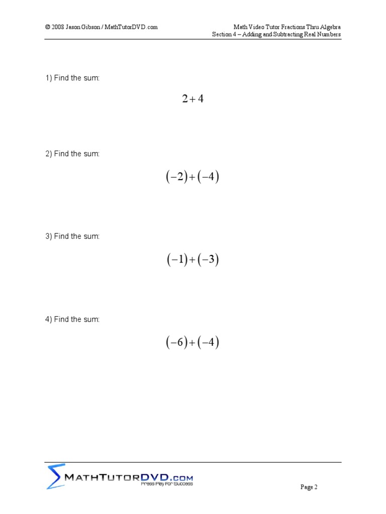 F - Math Video Tutor Fractions Thru Algebra - Worksheet 4 - Add and ...